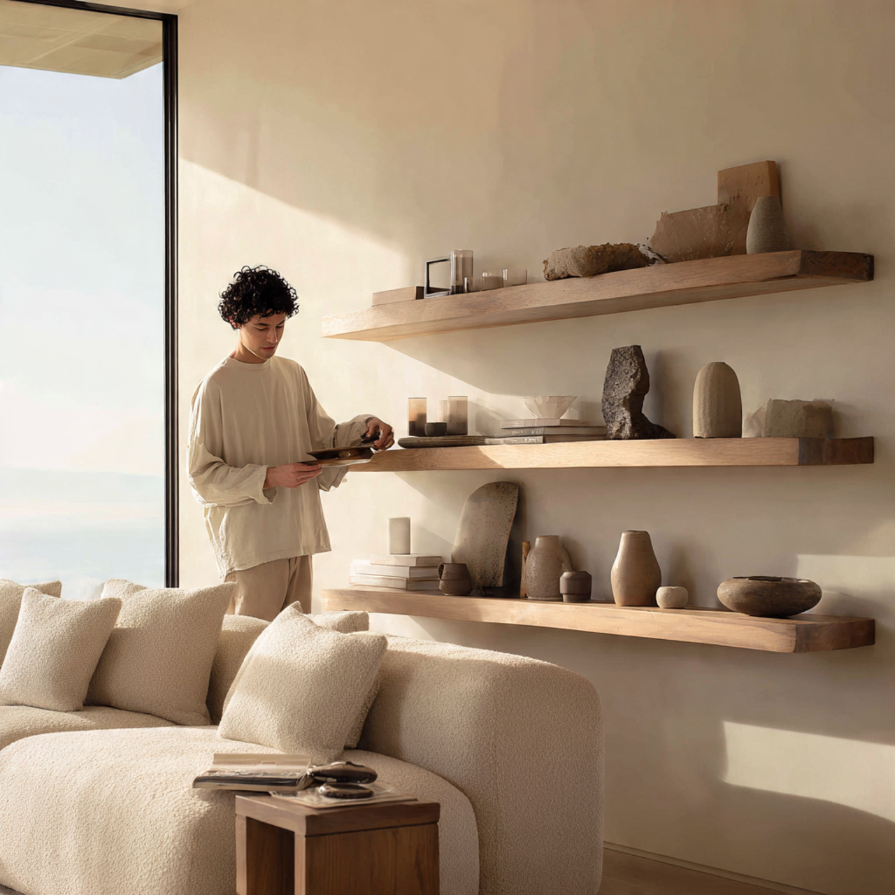 a bright minimalist living room with floating