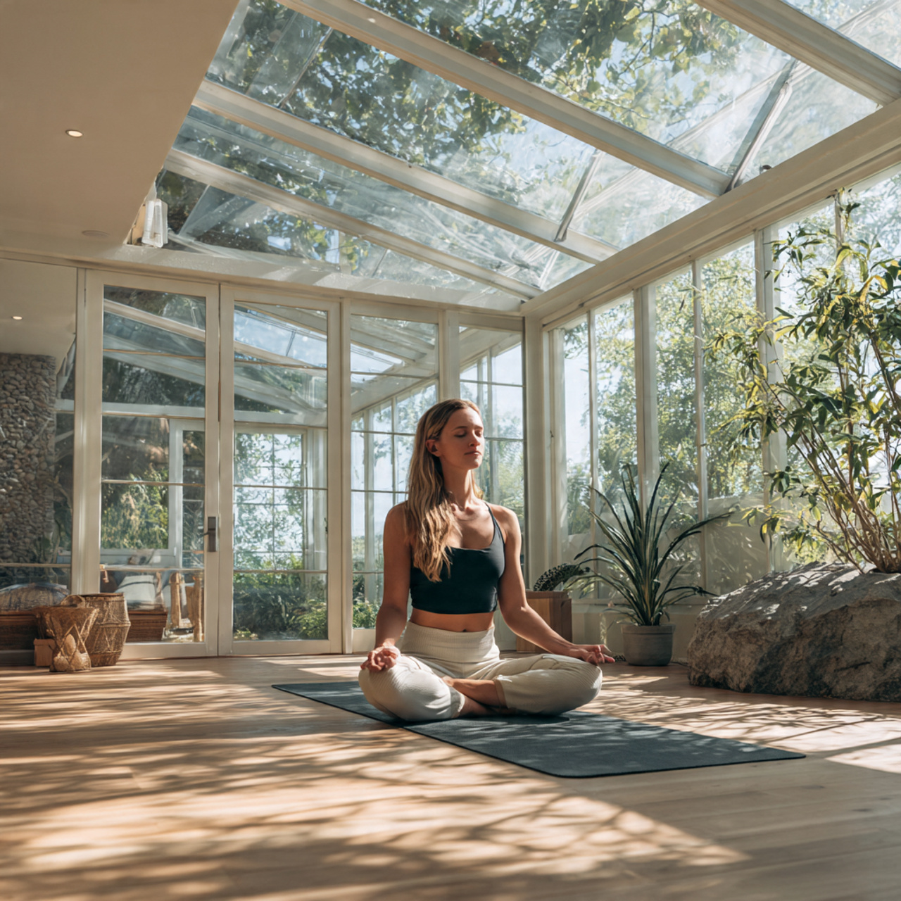 a bright sunroom designed as a yoga