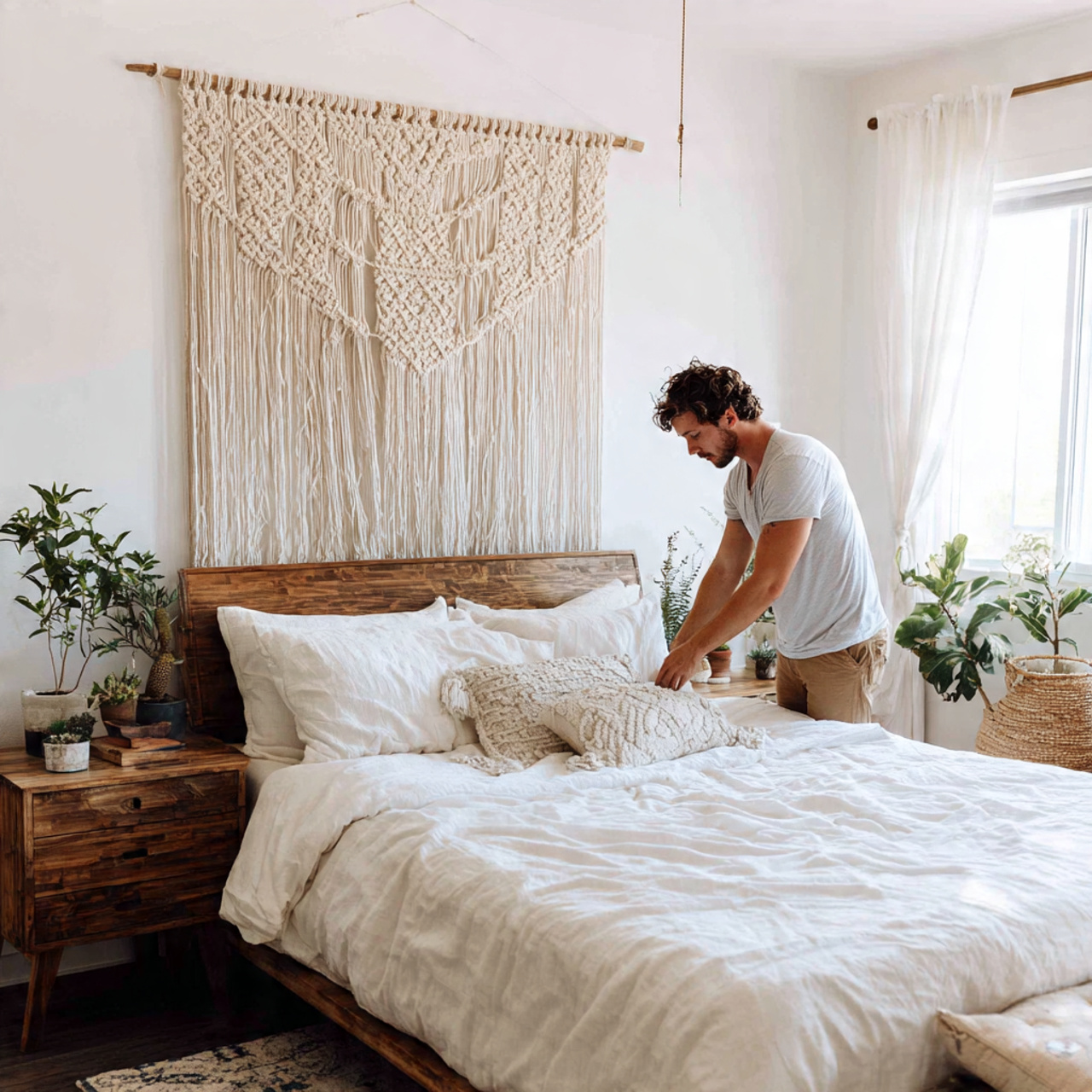 a bright white bedroom featuring a large