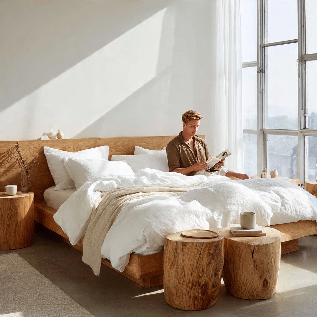 a bright white bedroom featuring a natural