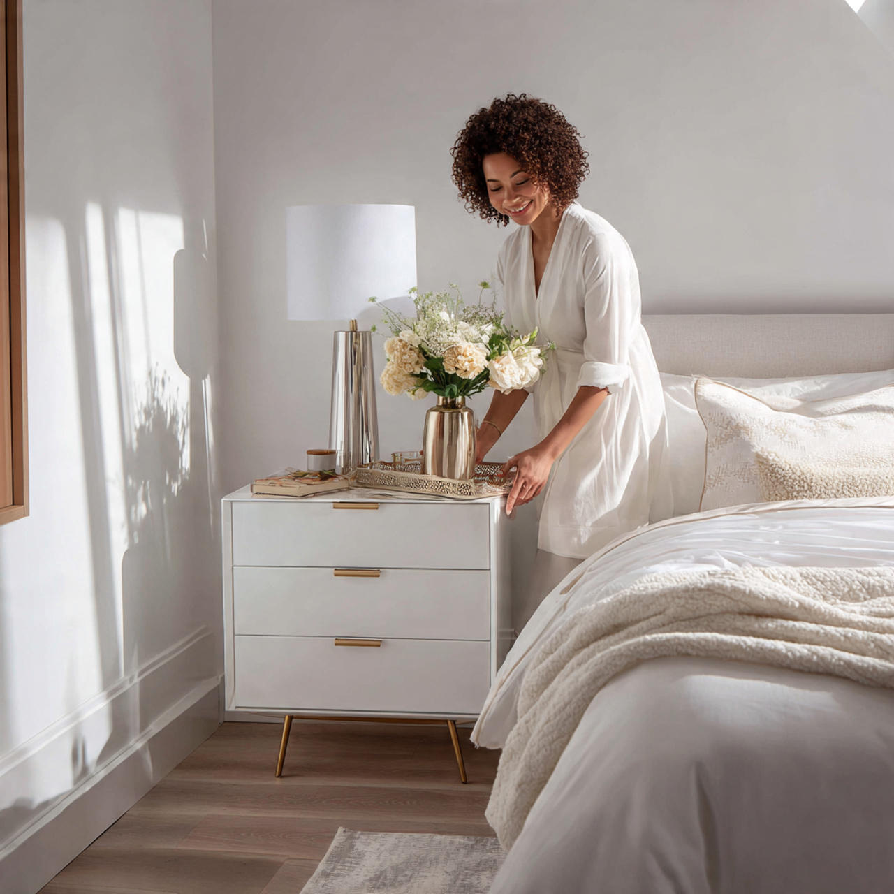 a bright white bedroom featuring subtle metallic 1