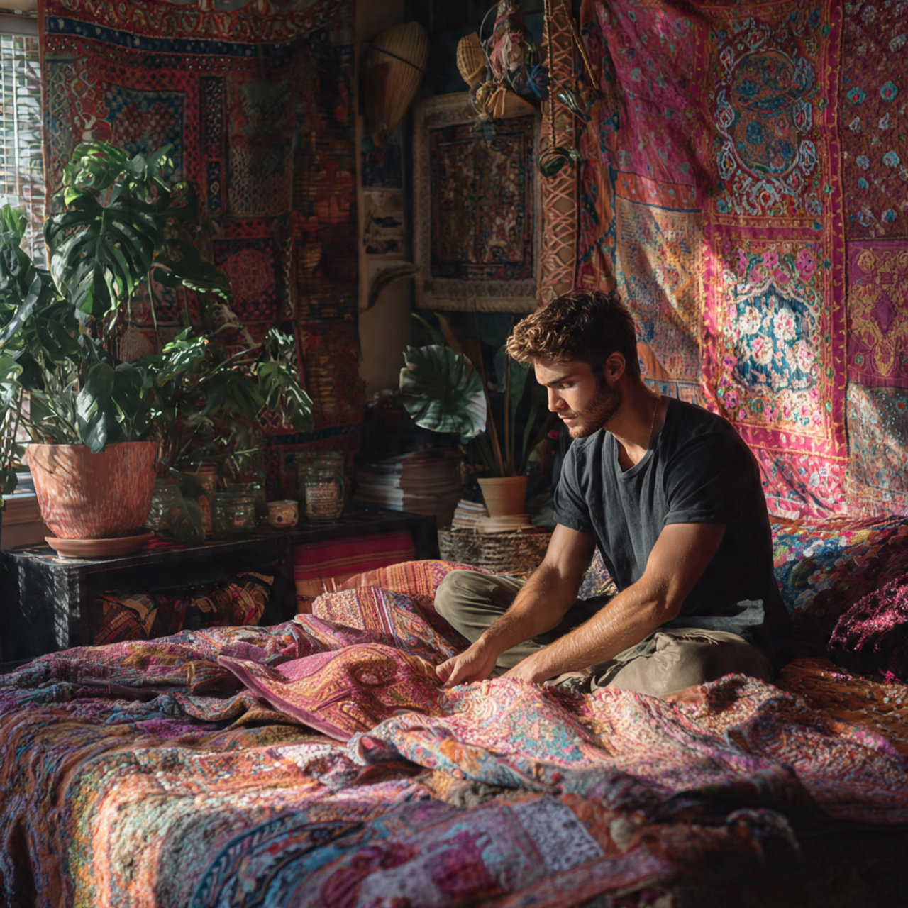 a colorful bohemian bedroom with embroidered suzani 1
