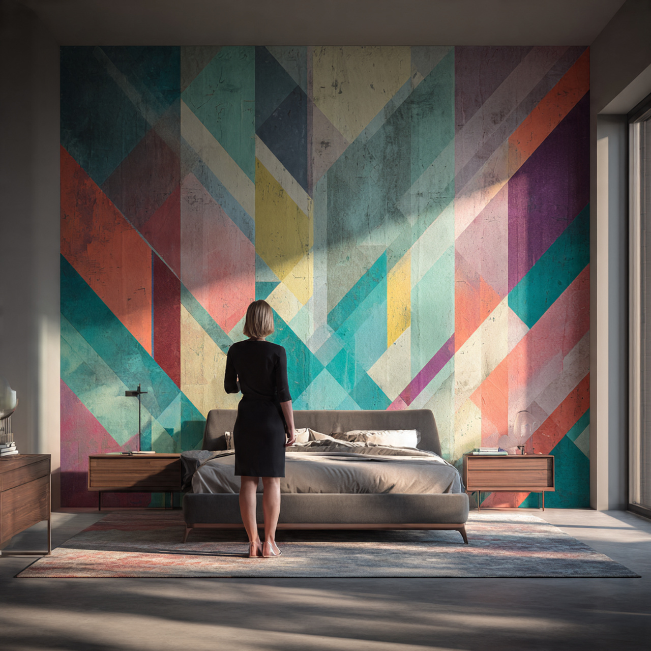 a contemporary bedroom featuring a bold geometric