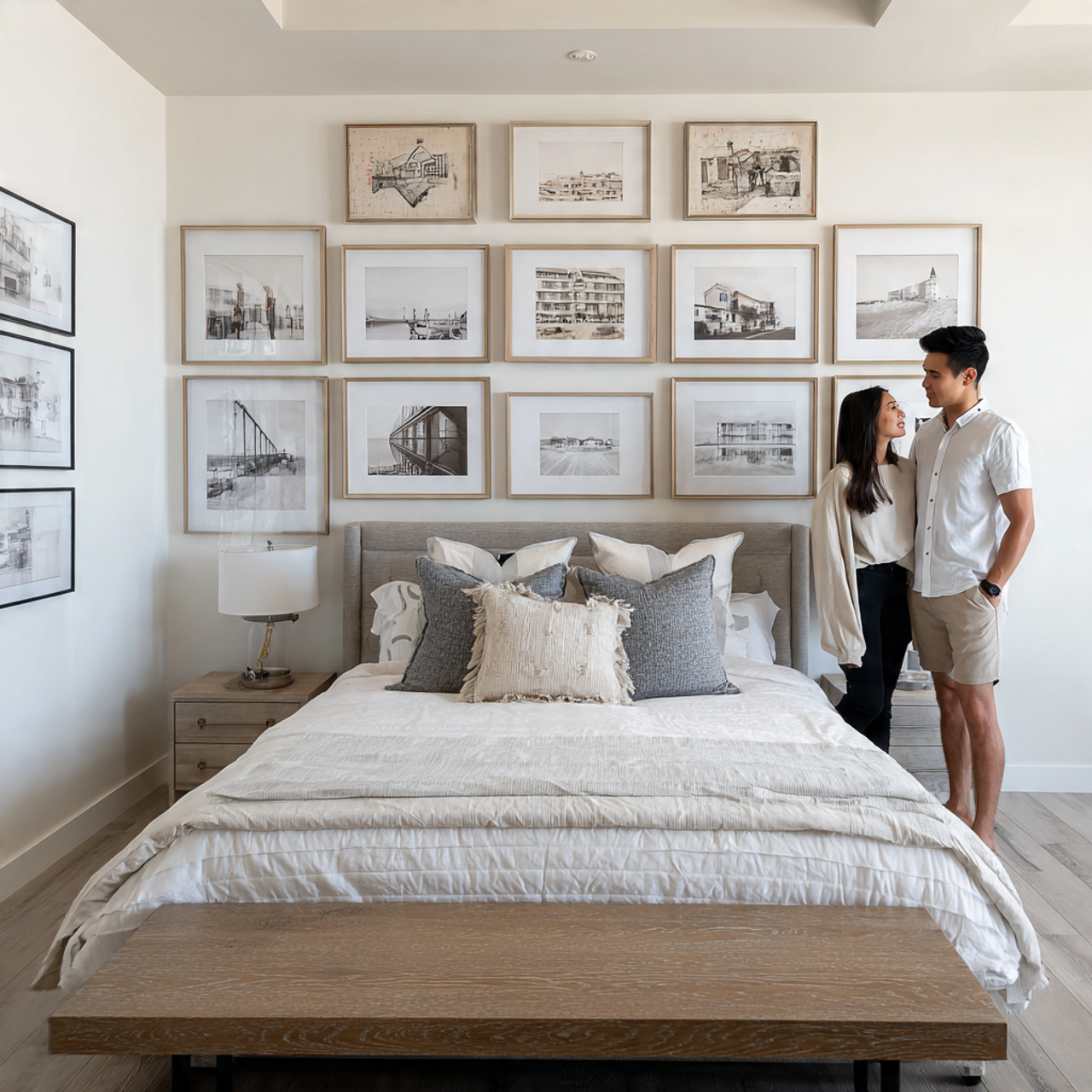 25 Chic & Inspiring Bedroom Wall Decor Above Bed Ideas You’ll Love 2 a contemporary bedroom featuring a symmetrical framed