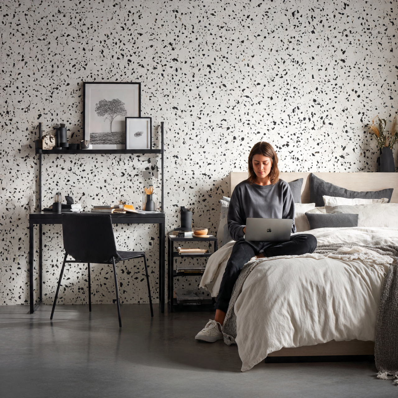 25 Bedroom Decor Wallpaper Ideas That Inspire Luxury & Comfort 16 a contemporary bedroom featuring modern monochrome terrazzo
