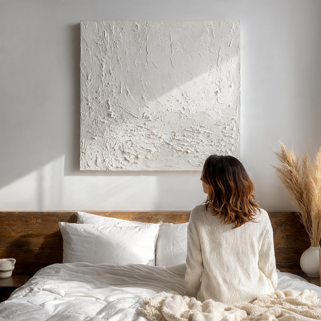 a contemporary white bedroom featuring a large