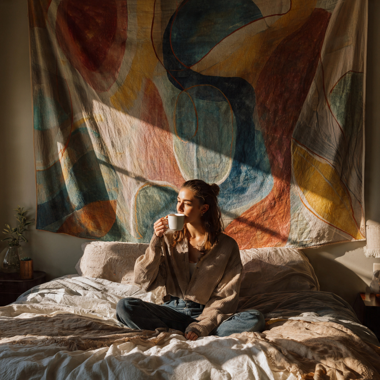 a cozy bedroom featuring a large fabric
