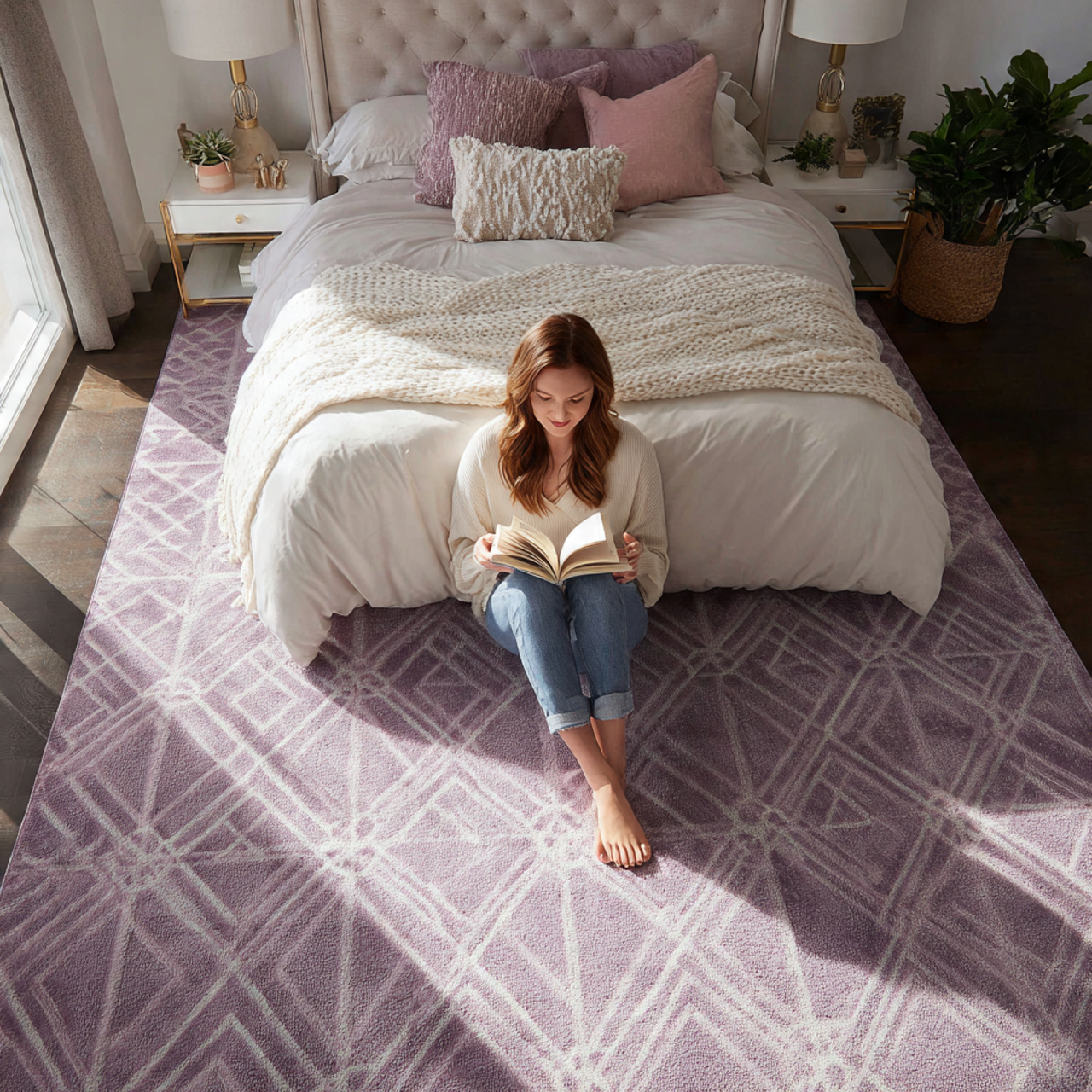 25 Purple Bedroom Decor Ideas That Feel Luxurious, Calm & Stylish 5 a cozy bedroom featuring a mauve geometric