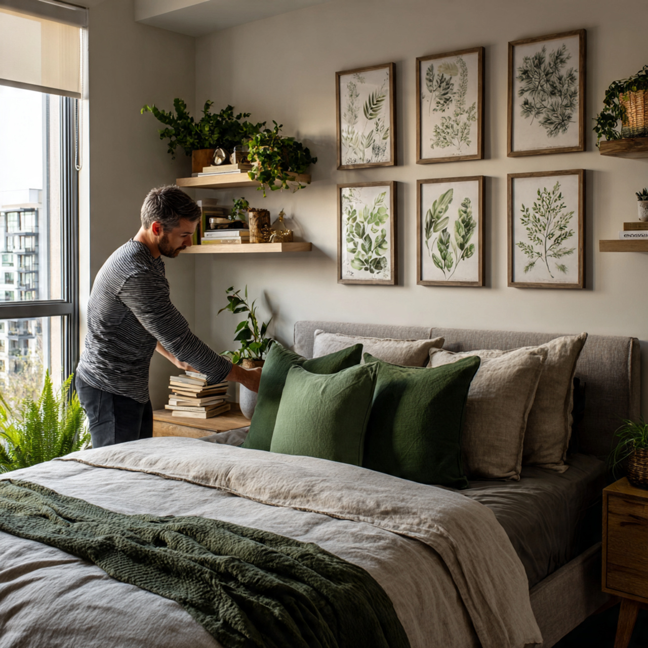 a cozy bedroom featuring forest green botanical