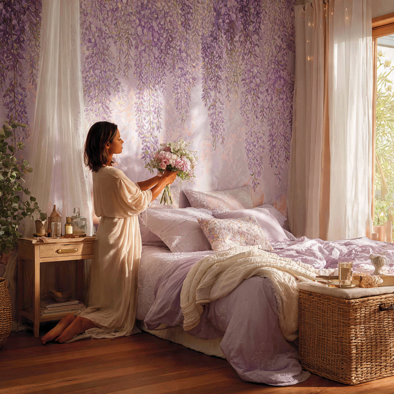 25 Purple Bedroom Decor Ideas That Feel Luxurious, Calm & Stylish 11 a cozy bedroom with wisteria patterned wallpaper