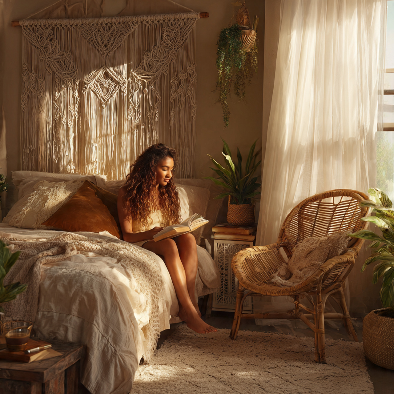 a cozy bohemian bedroom featuring an intricate