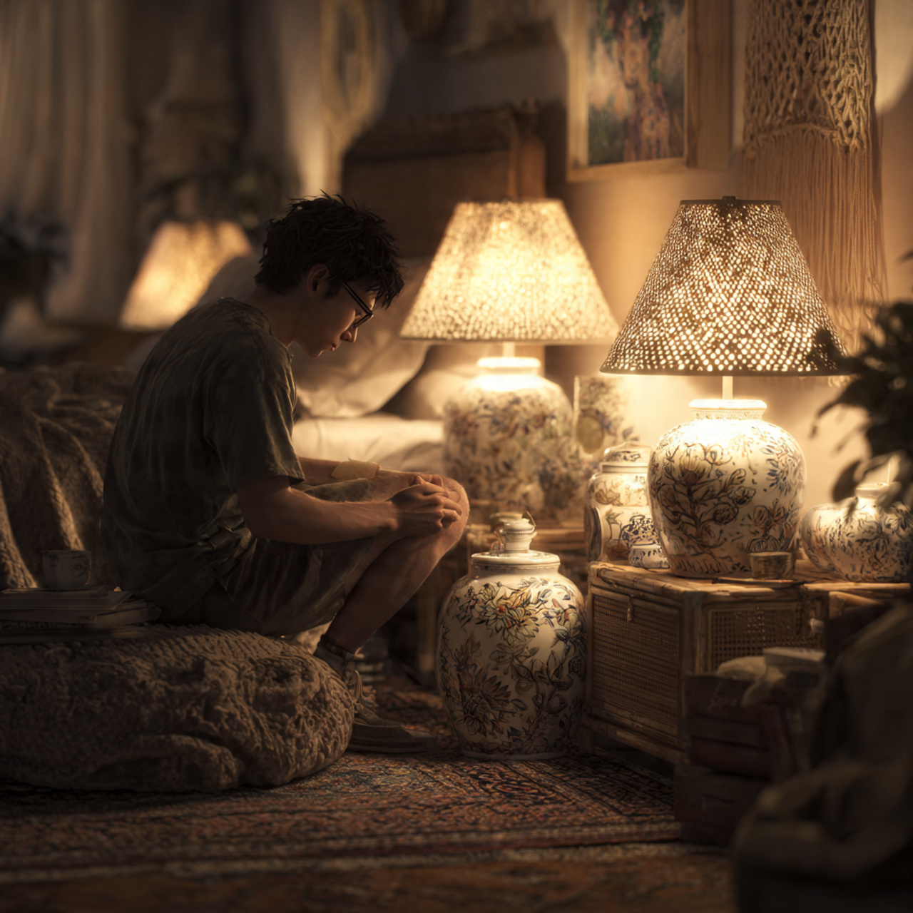 a cozy bohemian bedroom featuring unique hand painted