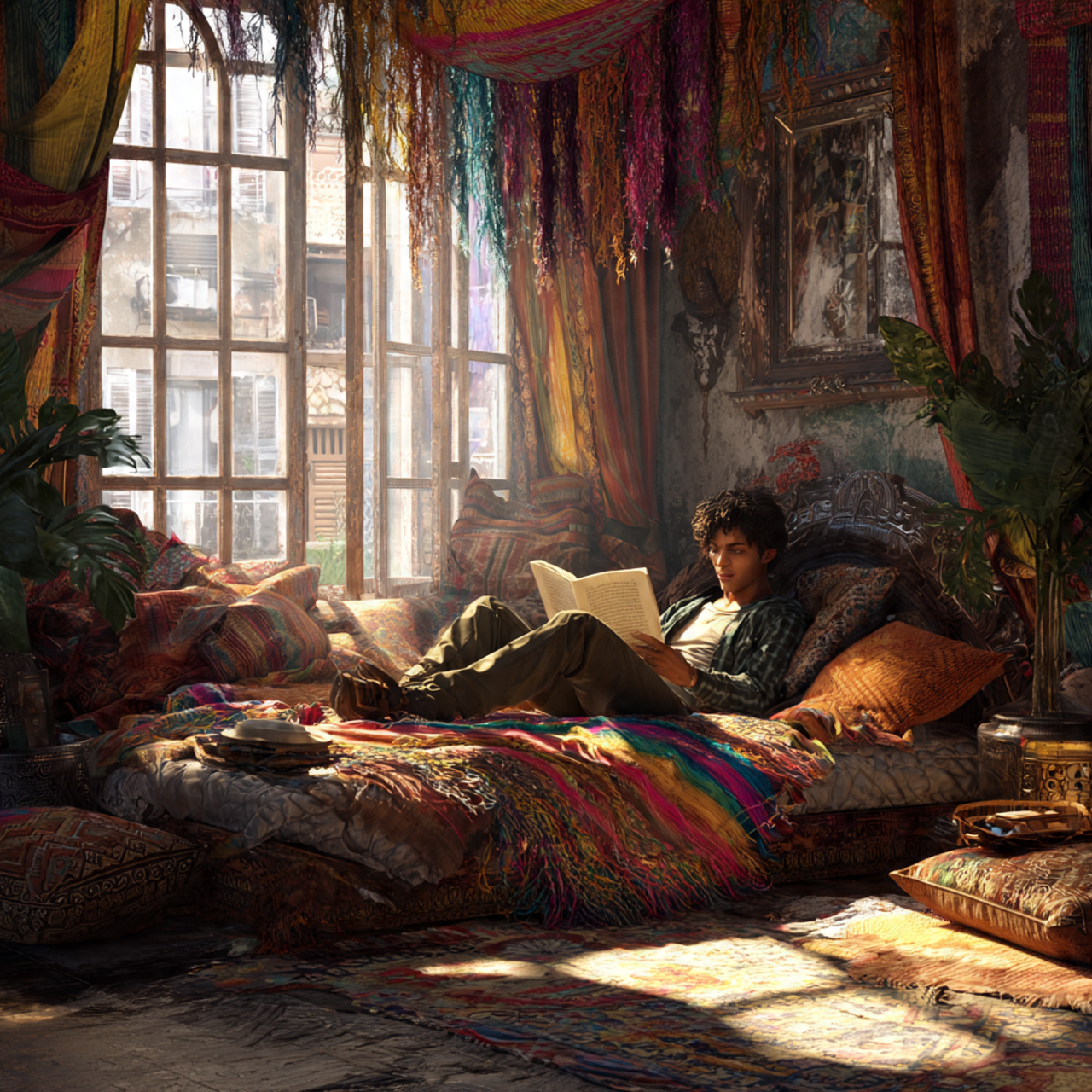 a cozy bohemian bedroom with a bed