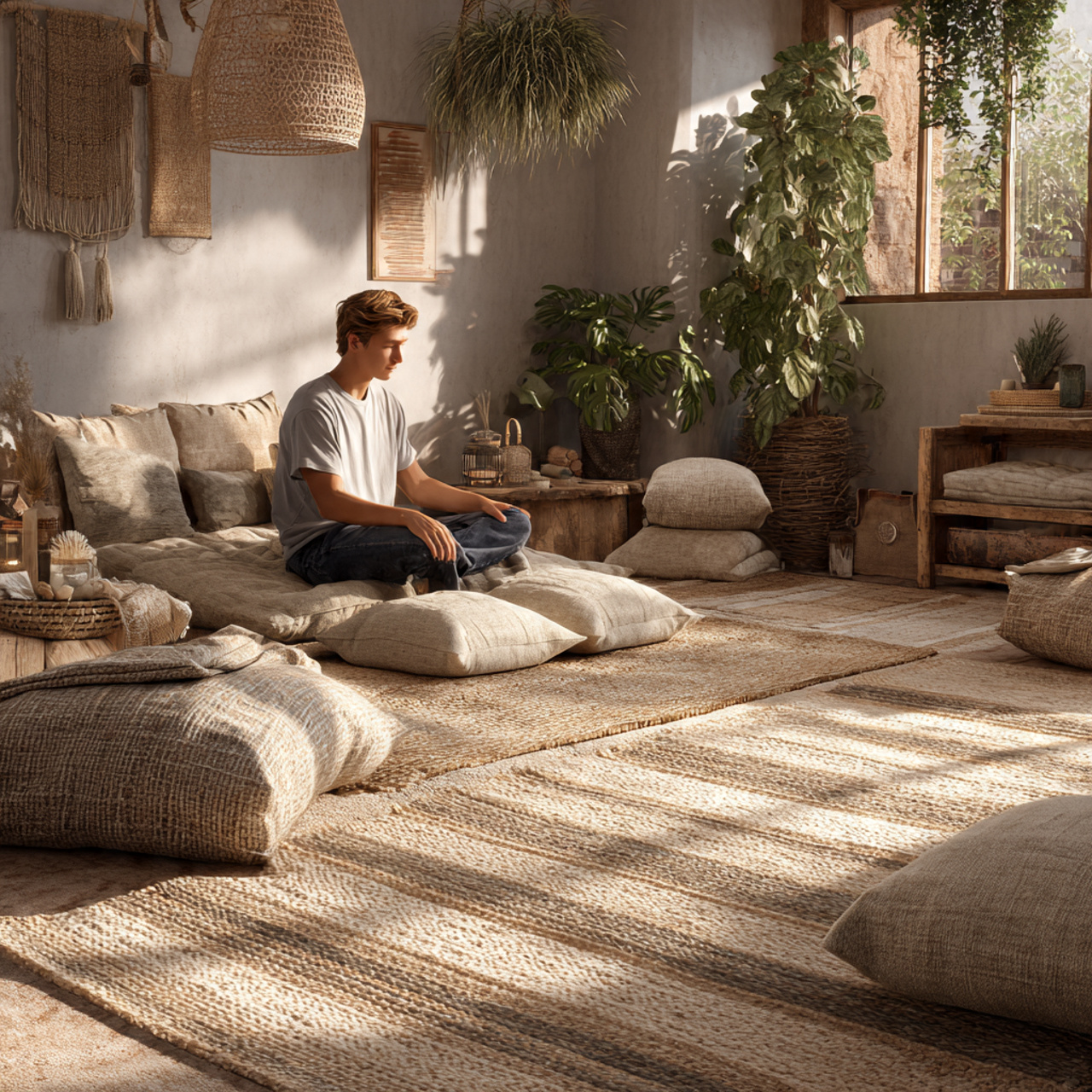 a cozy bohemian bedroom with jute and 1