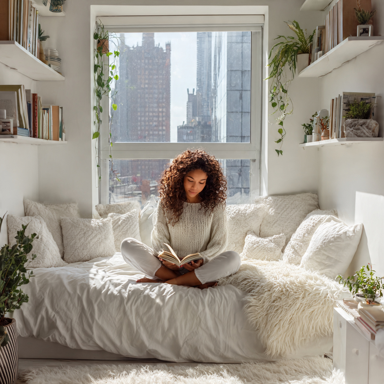 a cozy white bedroom featuring an integrated