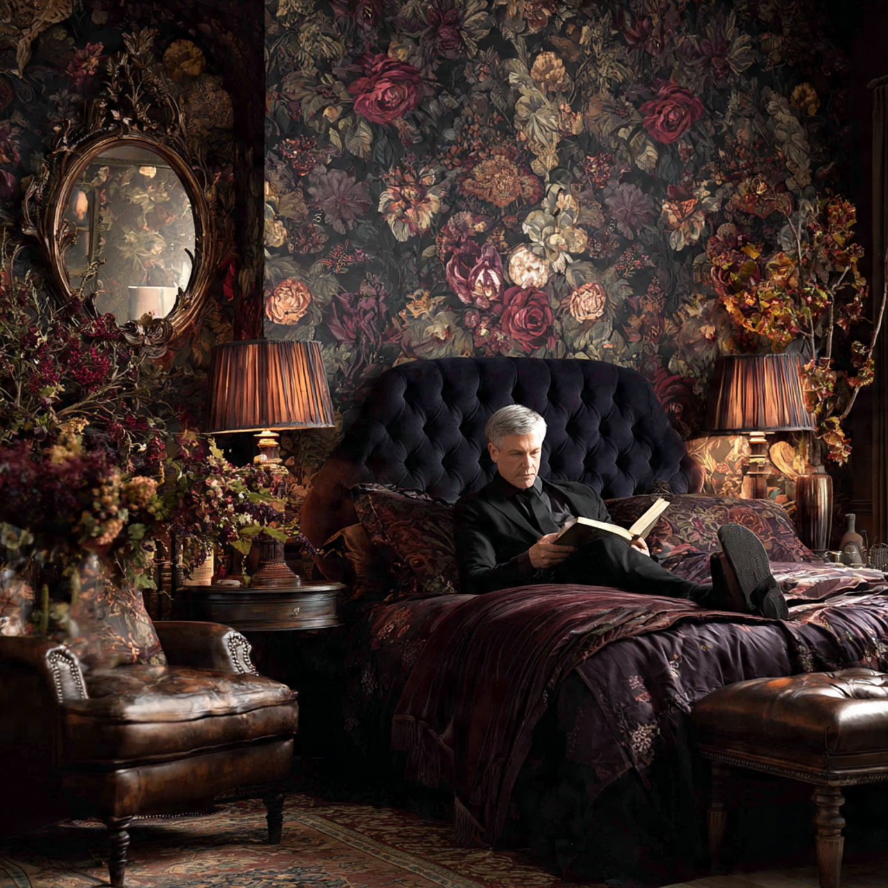 25 Bedroom Decor Wallpaper Ideas That Inspire Luxury & Comfort 17 a dramatic bedroom with victorian gothic floral