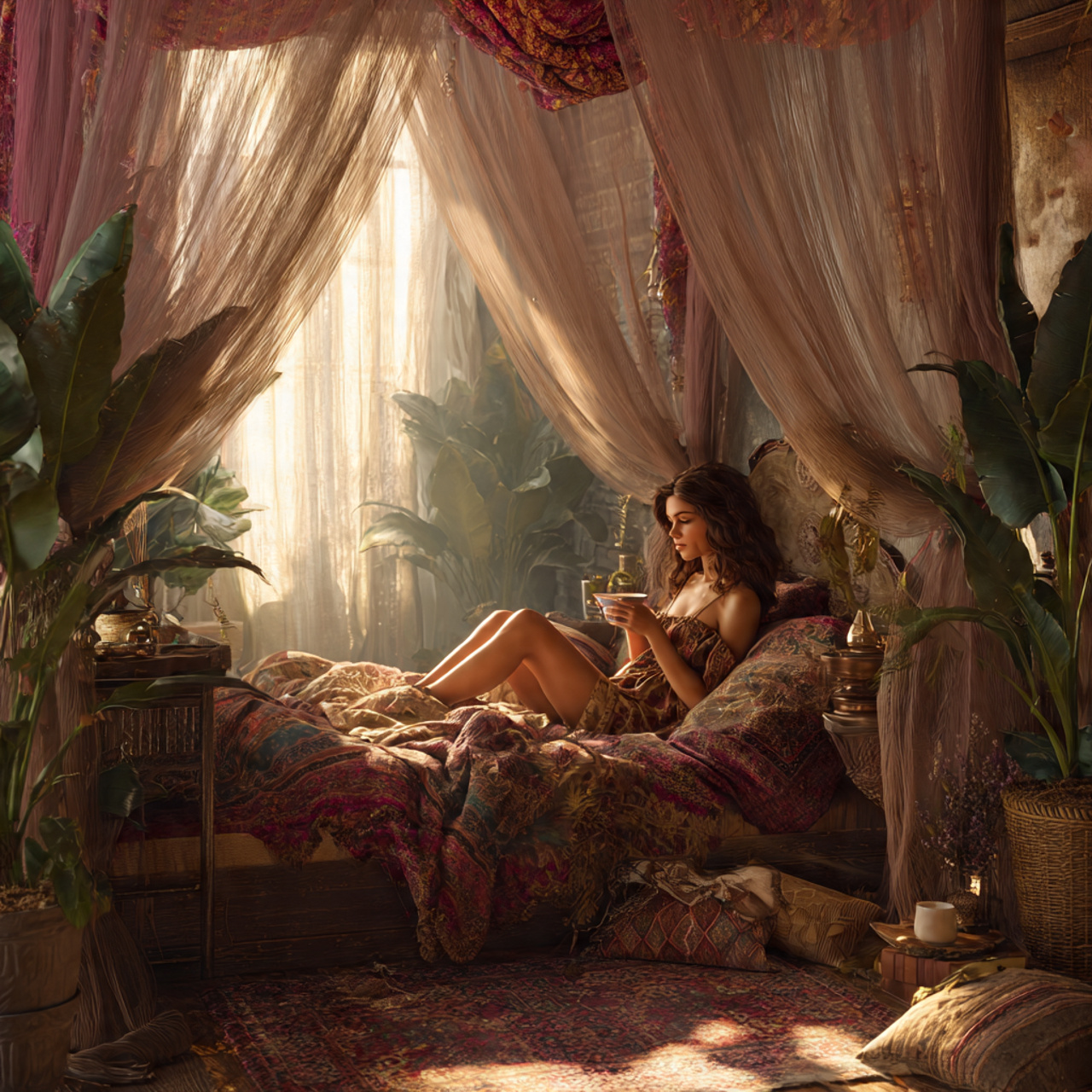 a dreamy bohemian bedroom with sheer canopy