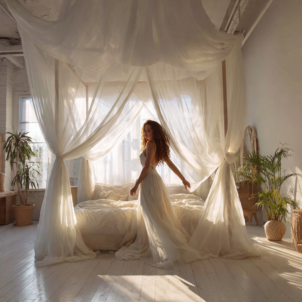 a dreamy white bedroom with a four poster