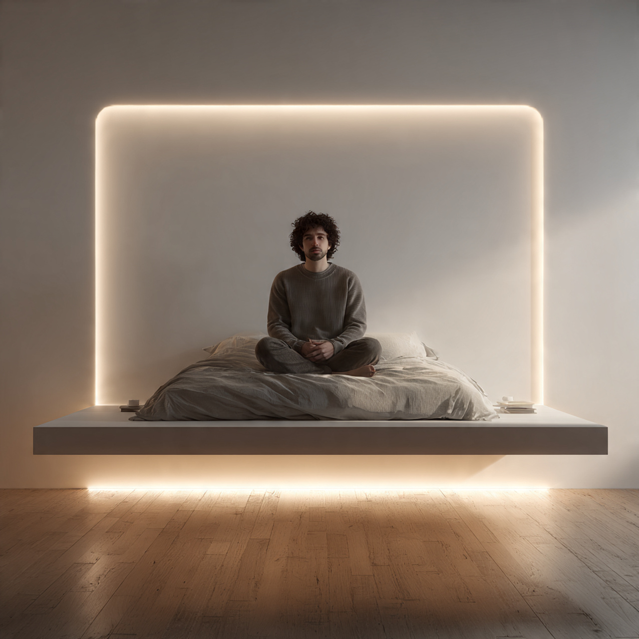 a futuristic mens bedroom featuring a floating
