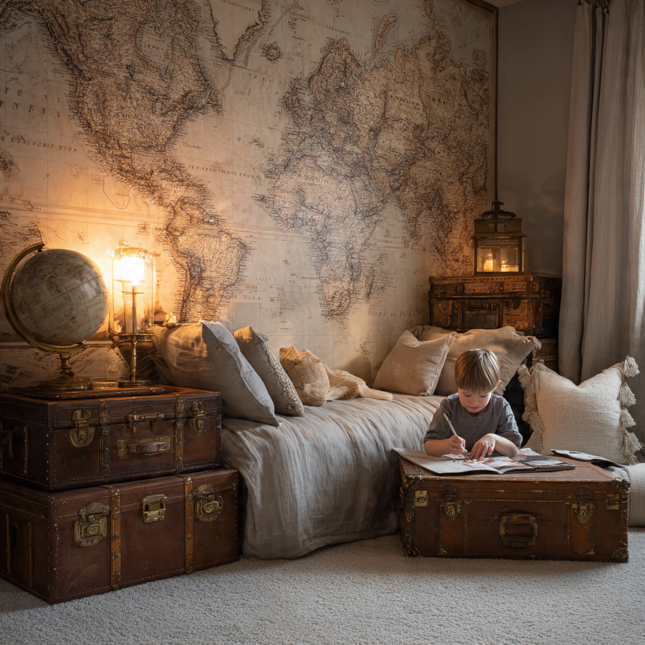 25 Kids Bedroom Decor Ideas: Magical, Stylish & Fun Room Inspirations 9 a kids bedroom featuring a vintage travel