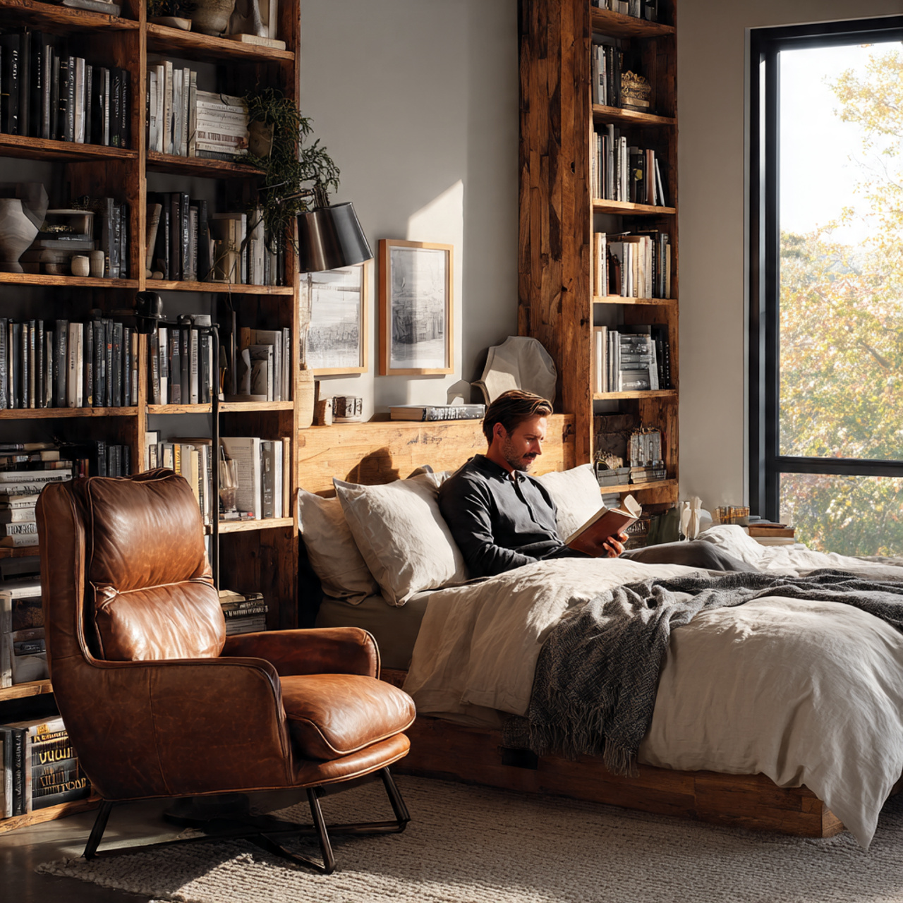 a masculine bedroom featuring a cozy library inspired