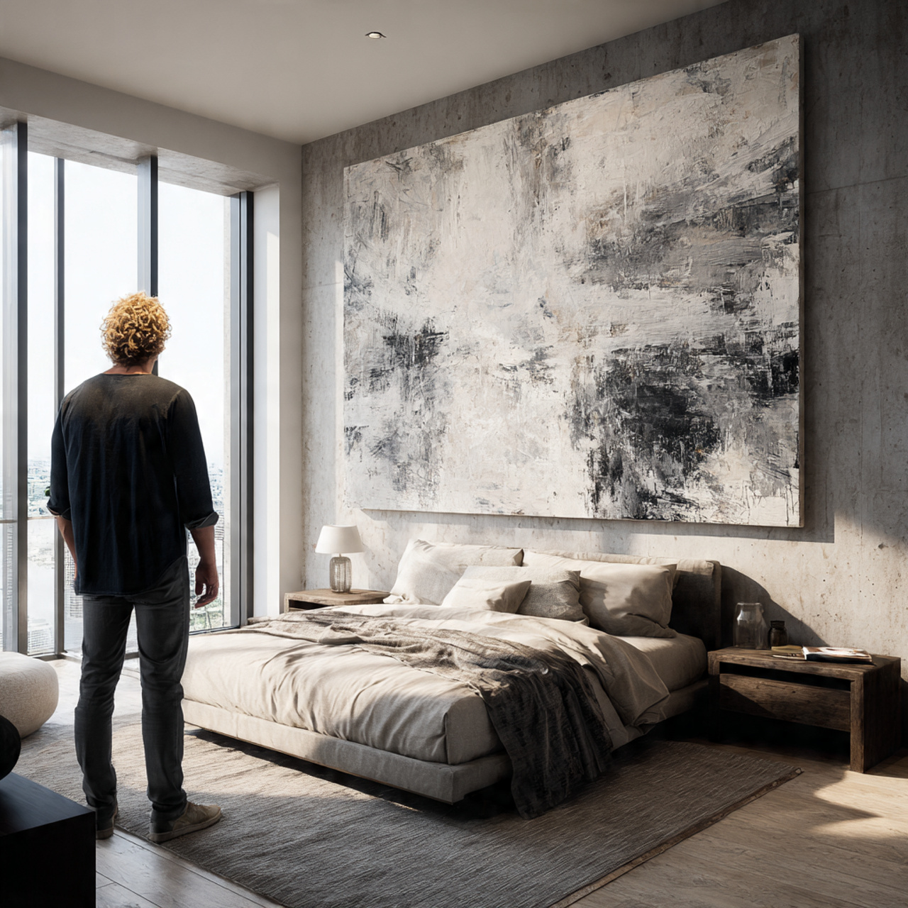 a masculine bedroom featuring a large abstract