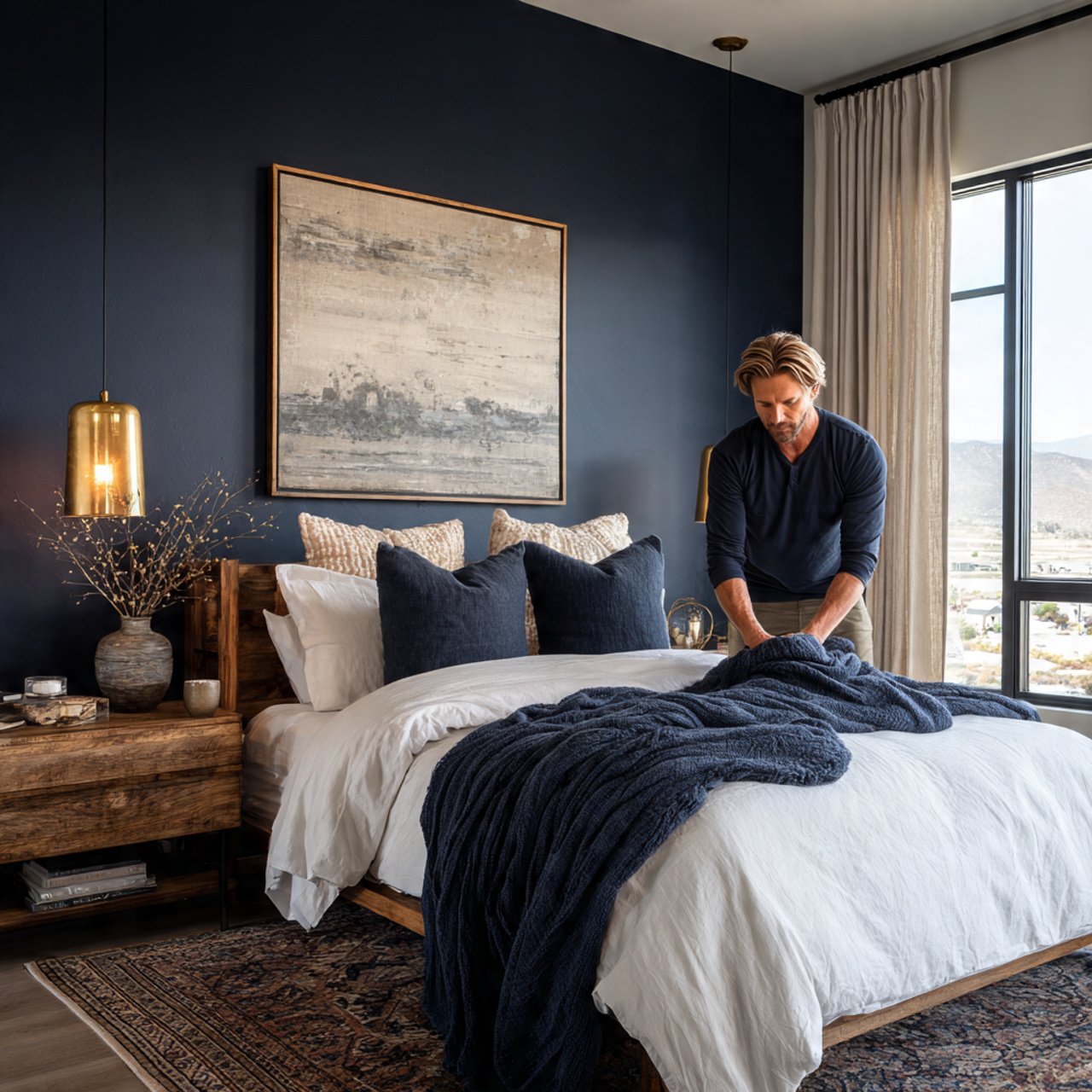 a masculine bedroom with a deep navy