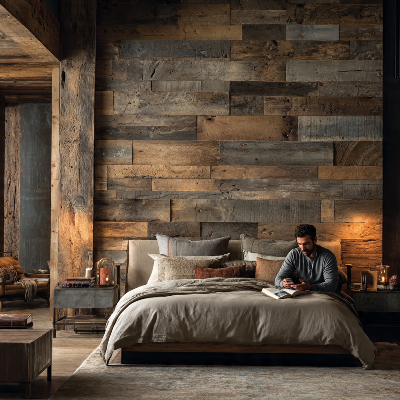 a masculine bedroom with a feature wall