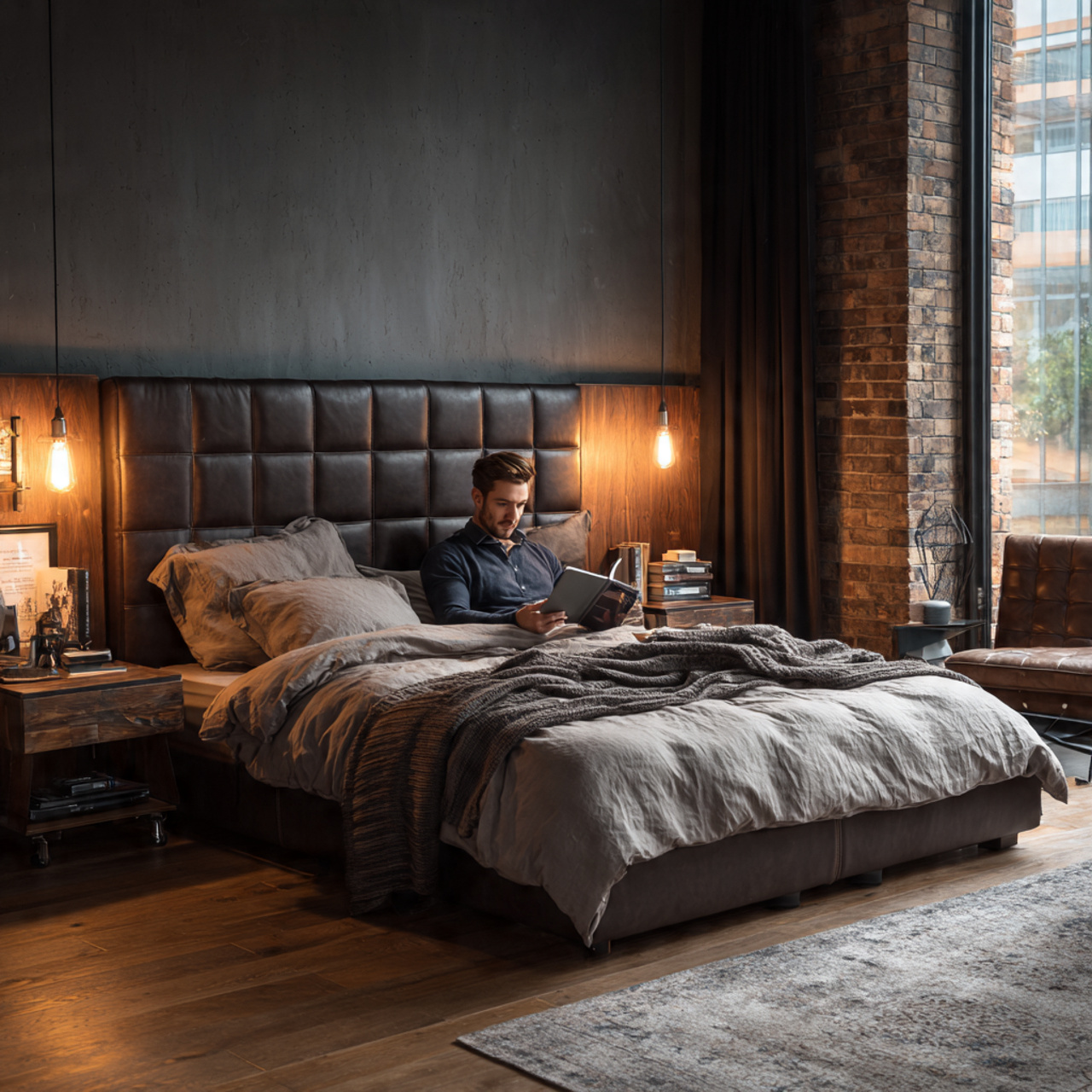a masculine bedroom with a large dark