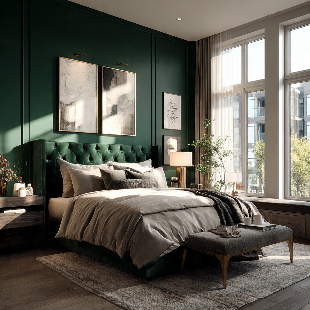 a master bedroom with a deep emerald