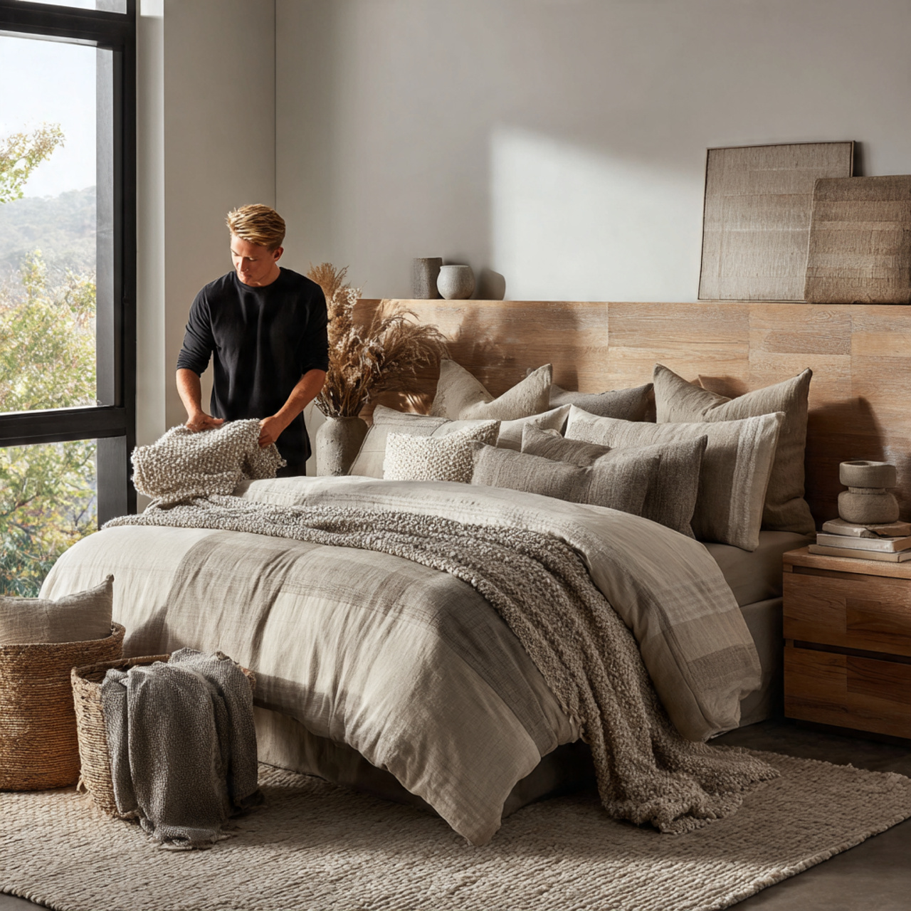 a mens bedroom decorated with layered neutral