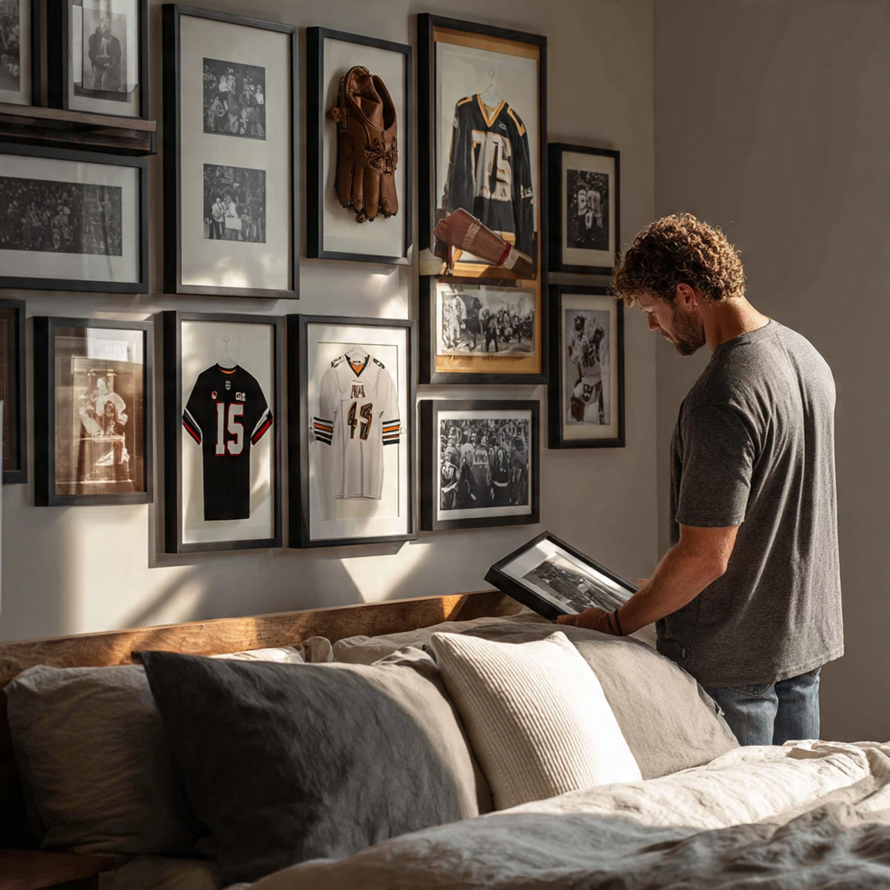 a mens bedroom featuring a gallery wall