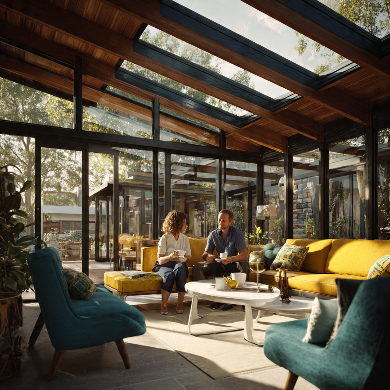 a mid century modern sunroom with large horizontal