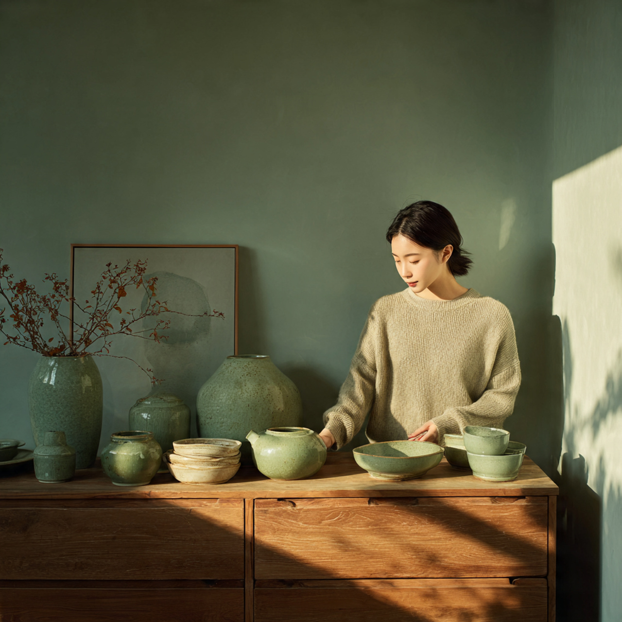 a minimalist bedroom featuring celadon green ceramic