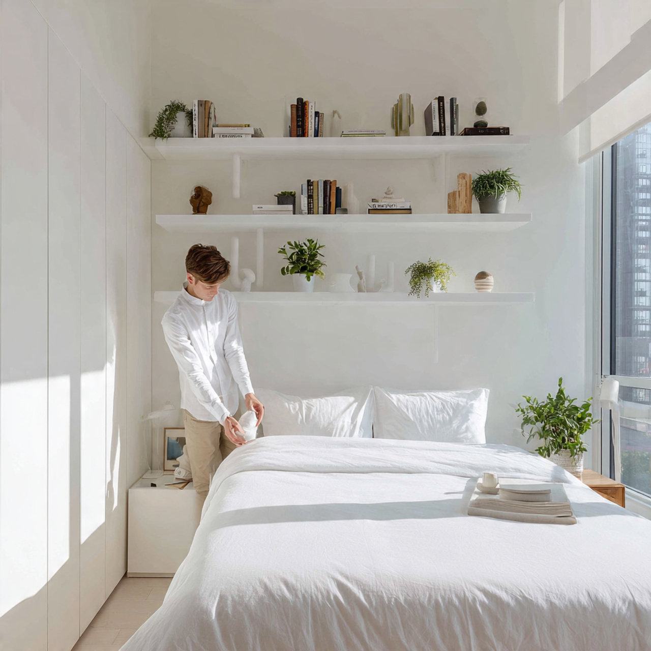 a minimalist white bedroom with floating white