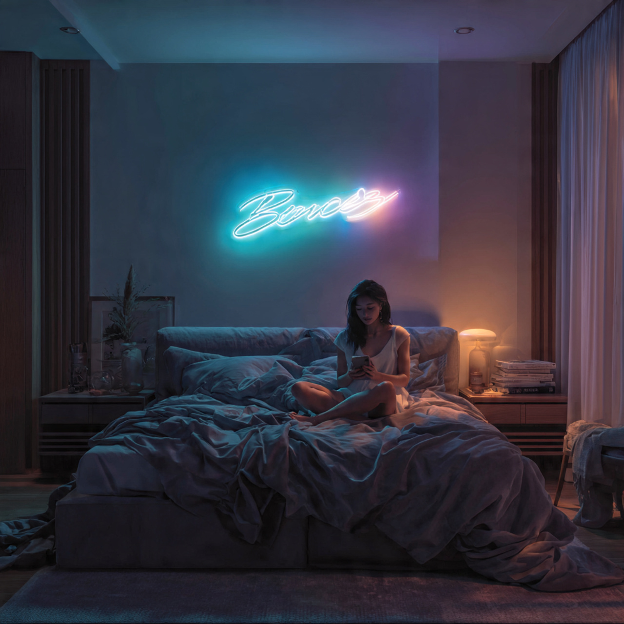 a modern bedroom featuring a custom neon