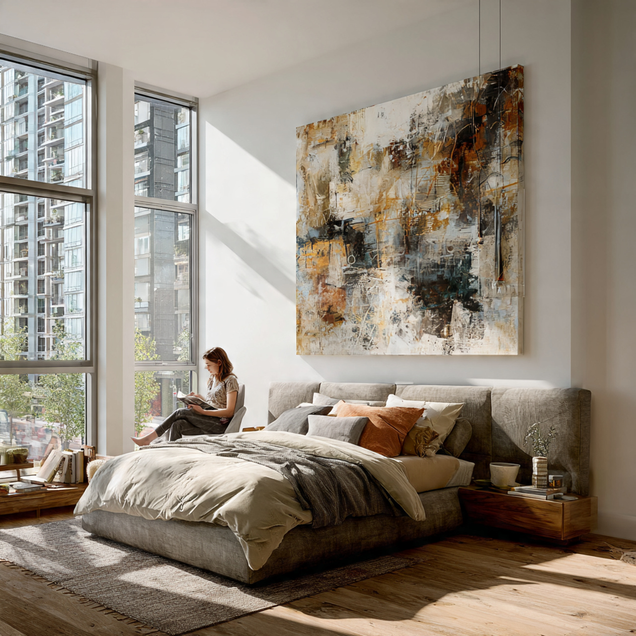 a modern bedroom featuring a large abstract