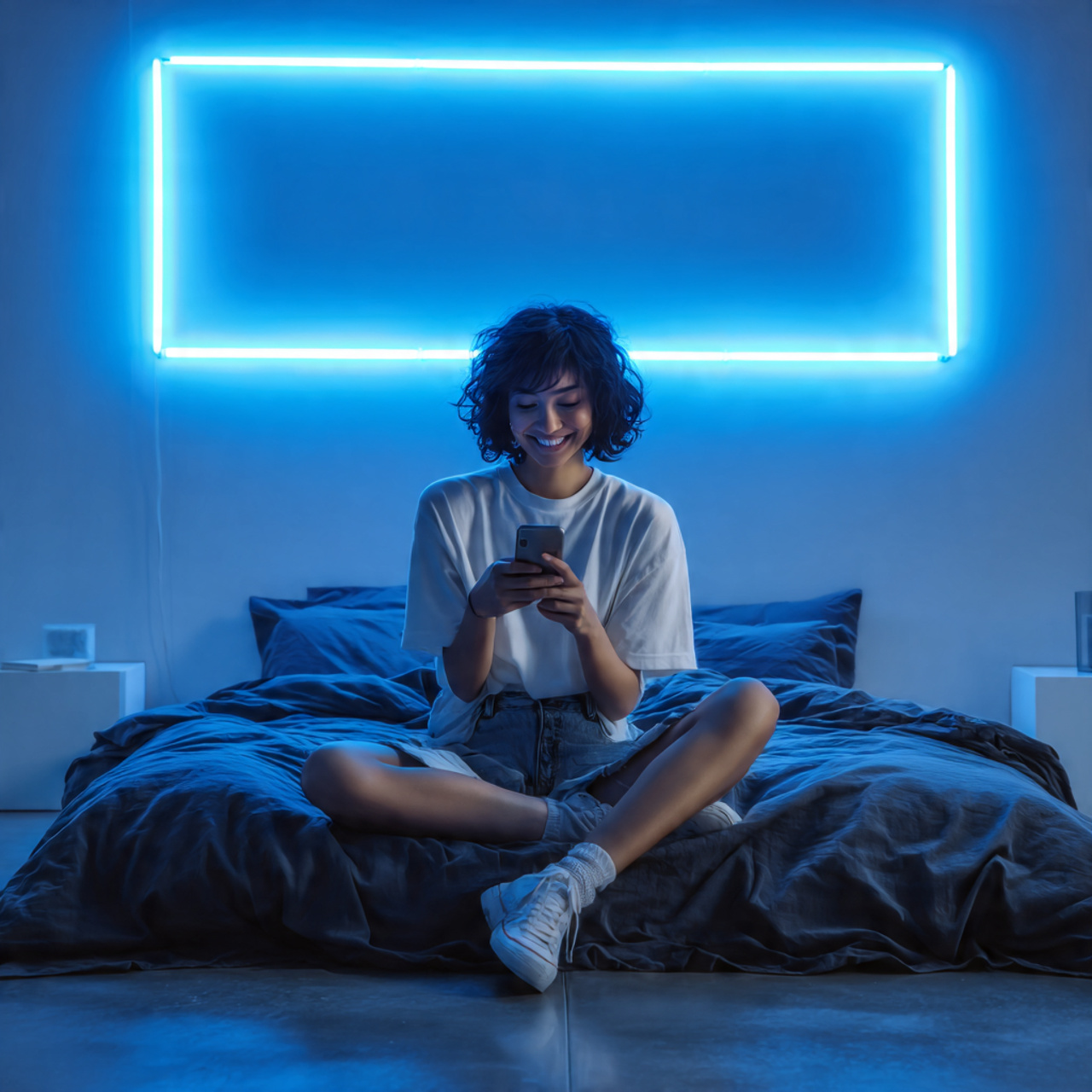 25 Blue Bedroom Decor Ideas That Inspire Calm, Style & Luxury 19 a modern bedroom featuring electric blue neon