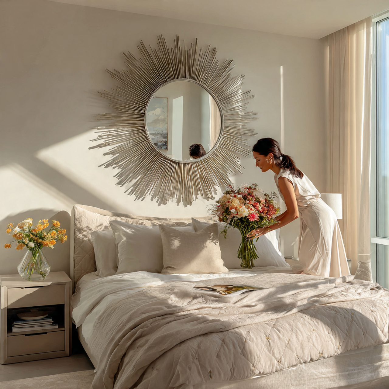 a modern bedroom with an oversized round