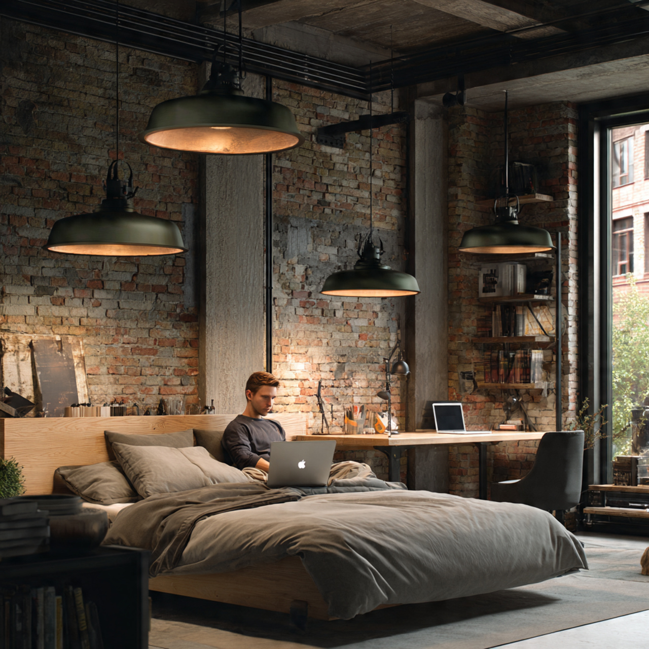 a modern bedroom with army green industrial