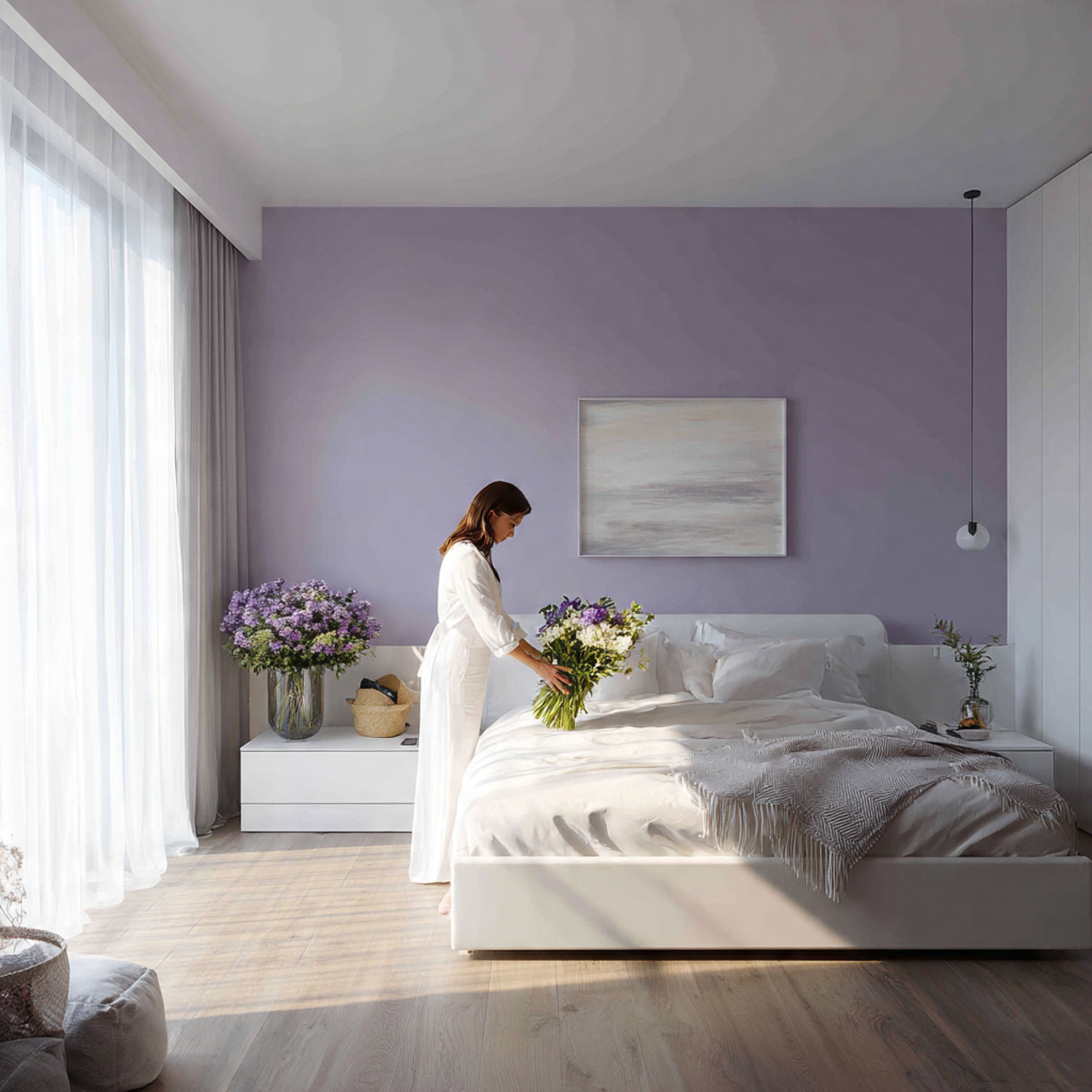 25 Purple Bedroom Decor Ideas That Feel Luxurious, Calm & Stylish 2 a modern bedroom with lavender accent walls