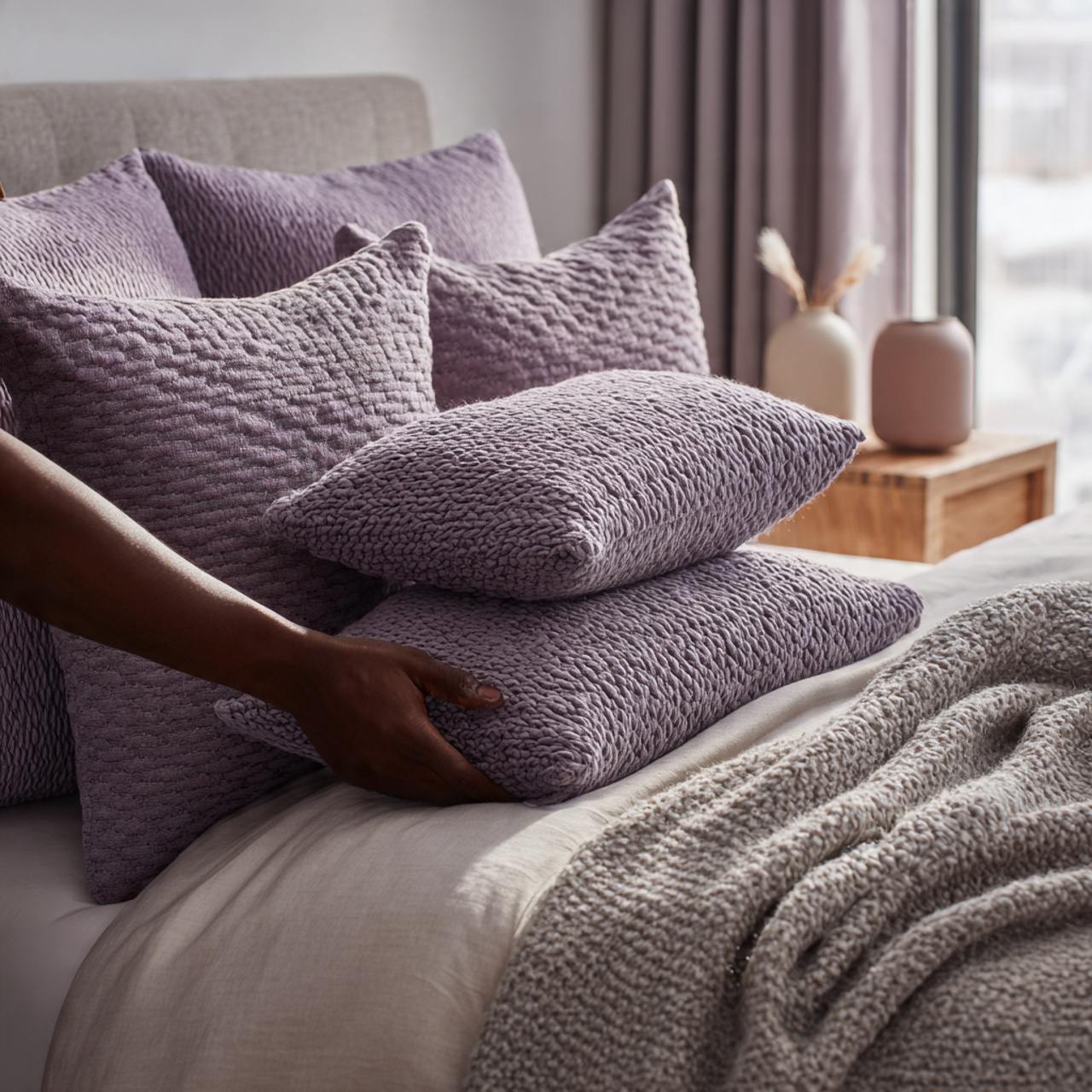 25 Purple Bedroom Decor Ideas That Feel Luxurious, Calm & Stylish 8 a modern bedroom with lilac throw pillows