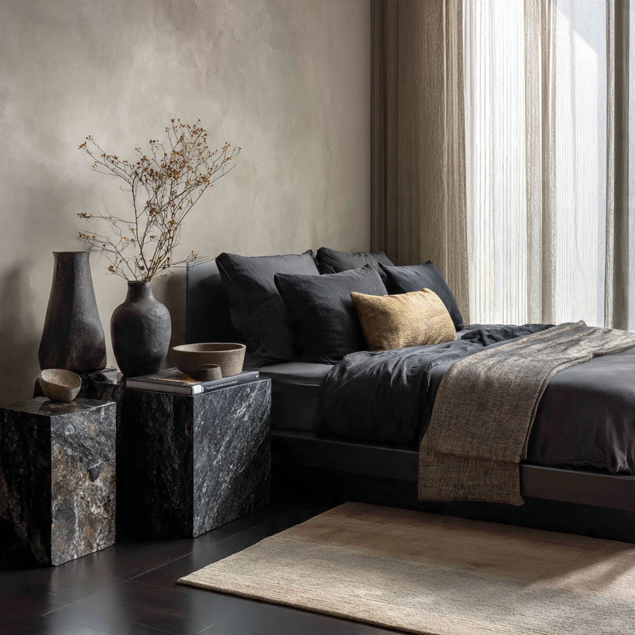 25 Black Bedroom Decor Ideas for a Bold & Luxurious Space 15 a modern black bedroom featuring obsidian stone