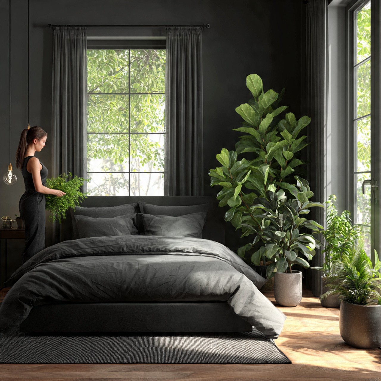 25 Black Bedroom Decor Ideas for a Bold & Luxurious Space 25 a modern black bedroom with deep green