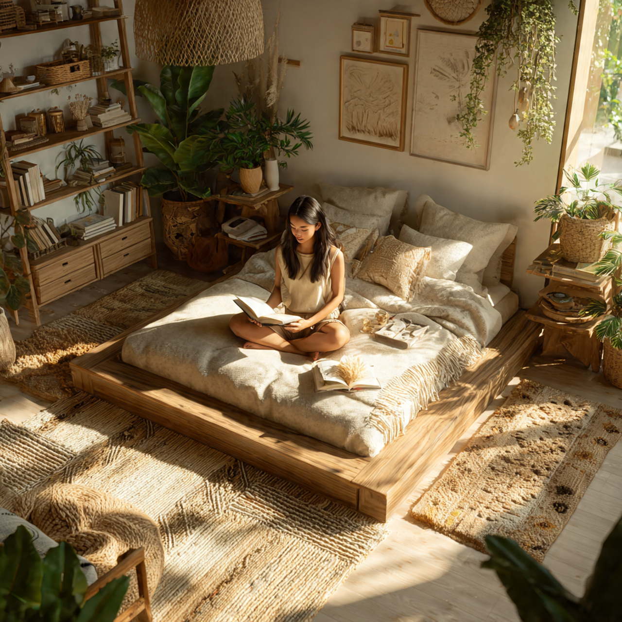 a modern bohemian bedroom with a low