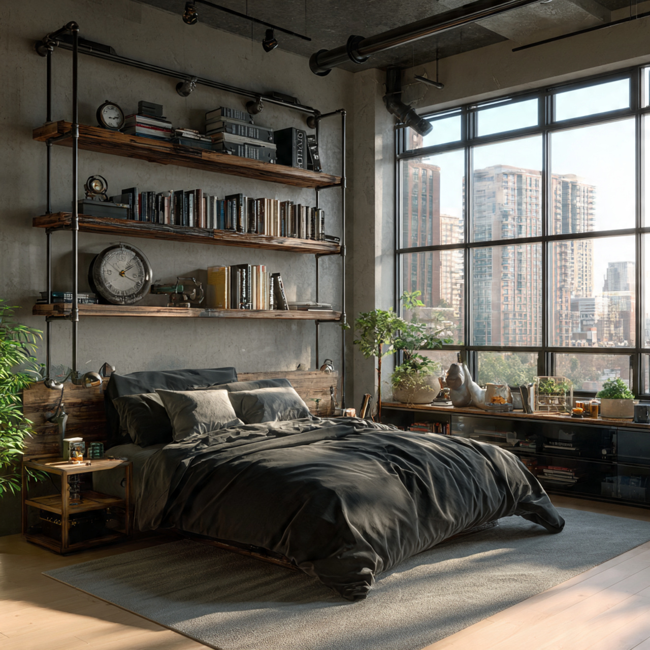 a modern industrial bedroom with black metal