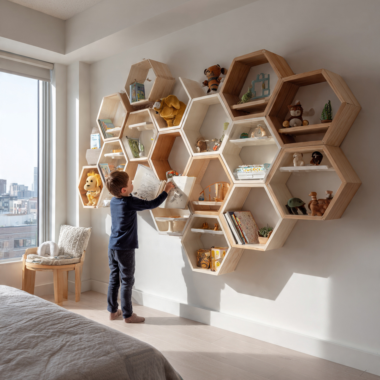 25 Kids Bedroom Decor Ideas: Magical, Stylish & Fun Room Inspirations 16 a modern kids bedroom featuring modular honeycomb