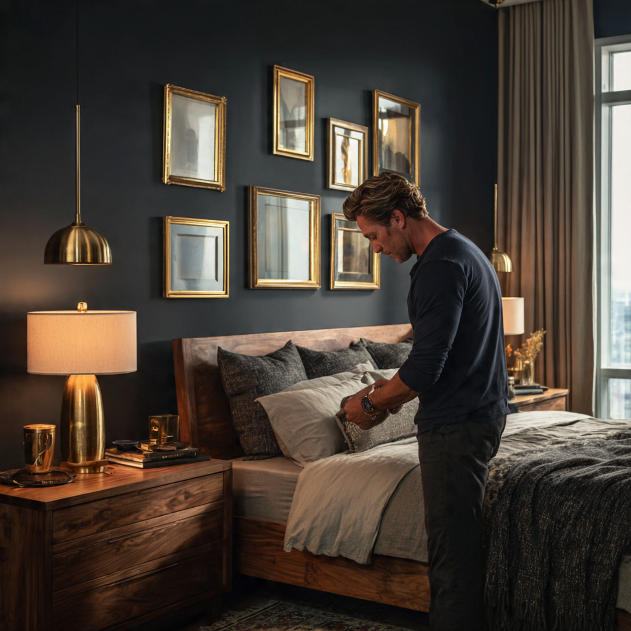 a modern masculine bedroom featuring metallic brass