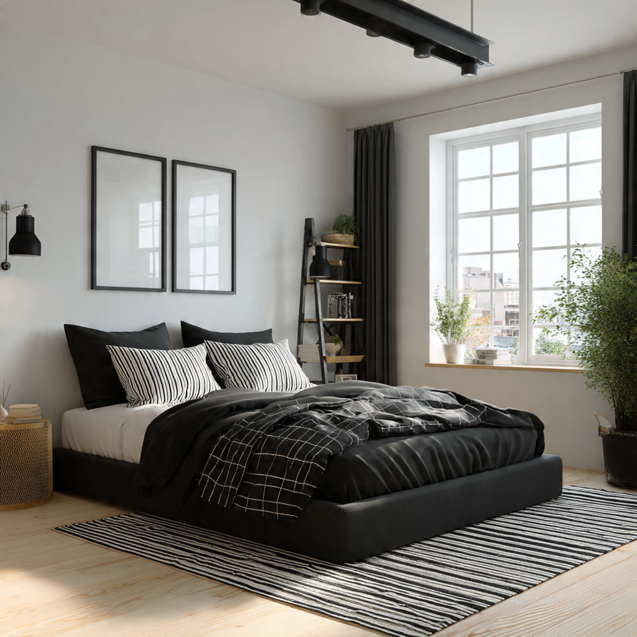 a modern masculine bedroom with high contrast black