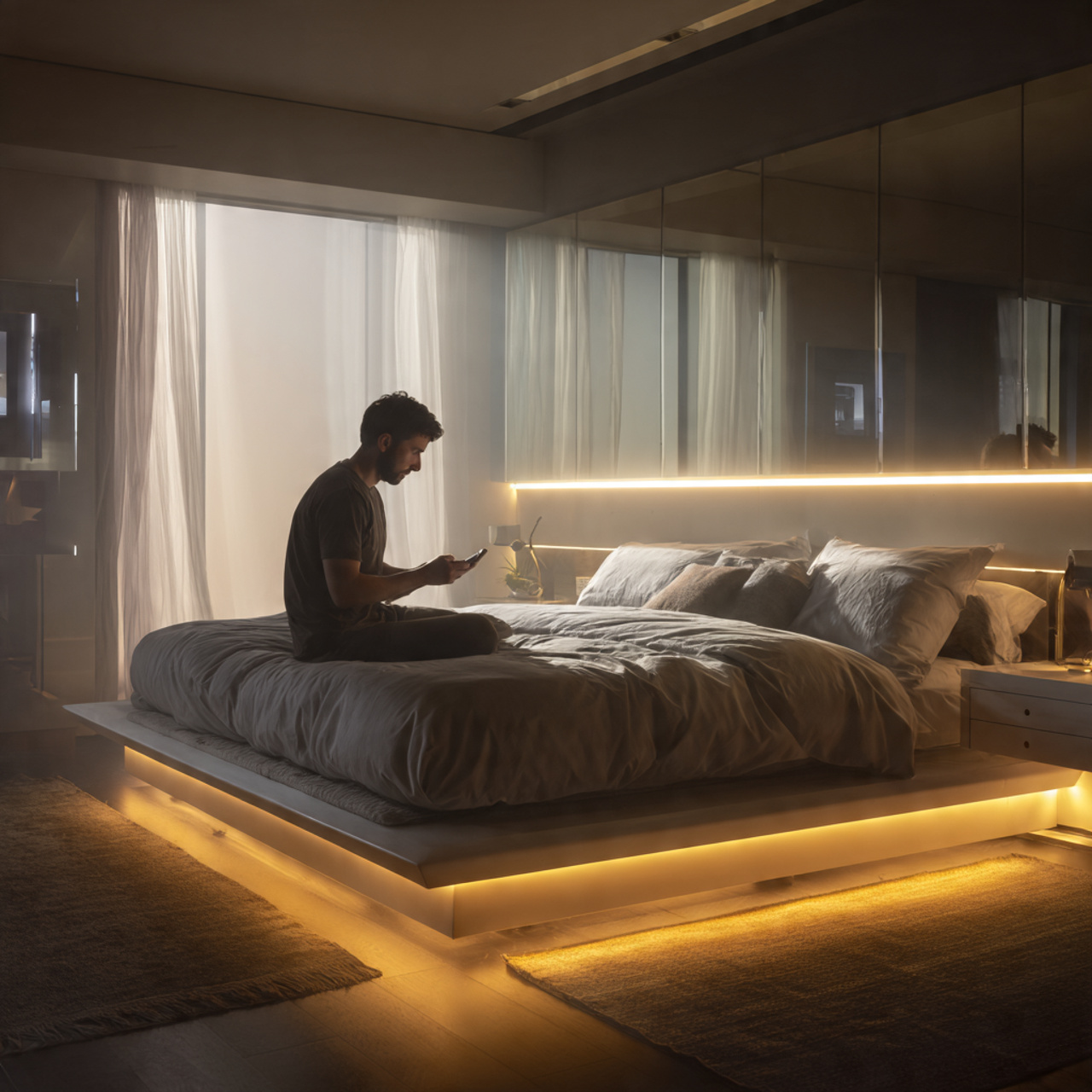 a modern mens bedroom with smart integrated